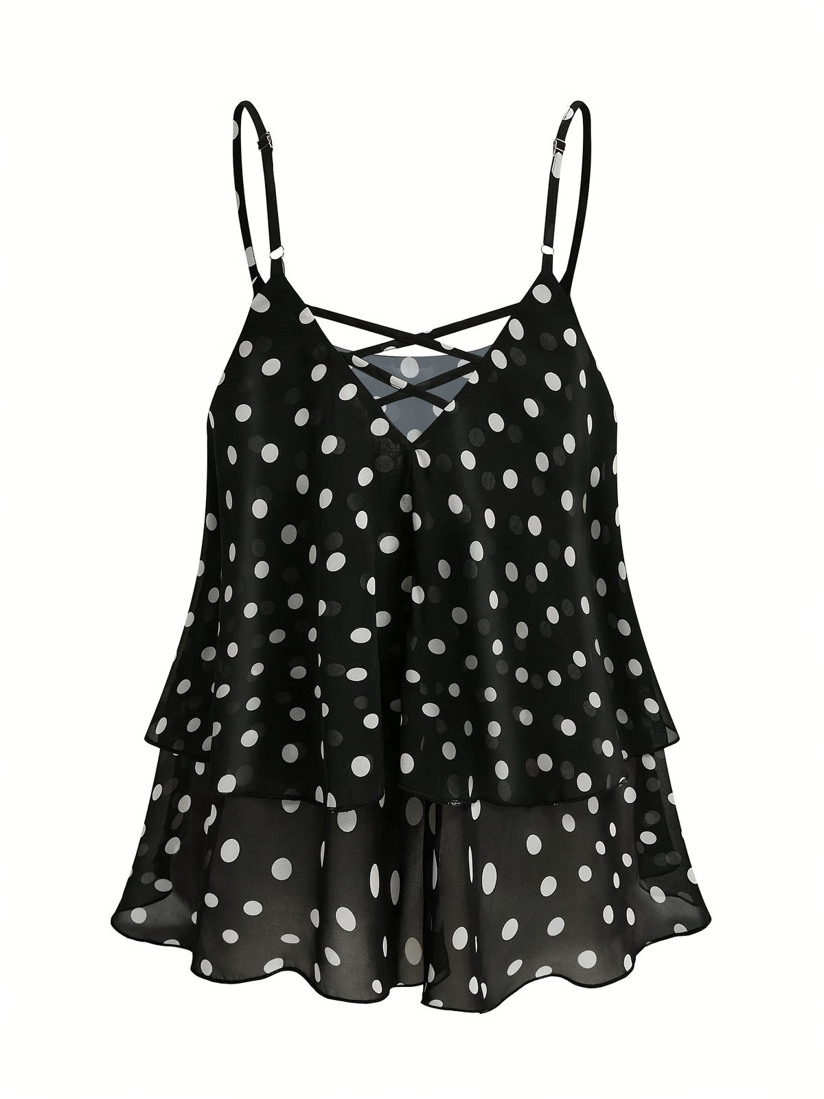 2026 New Black And White Polka Dot Spaghetti Strap Cami, Double-Layer Flowing Skirt Hem, Vacation Style Top, Lazy Style Polka Dot Chiffon Cami, Double-Layer A-Line Fit, Versatile Casual Date Sleeveless Top - Black