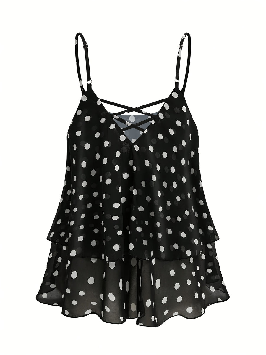 2026 New Black And White Polka Dot Spaghetti Strap Cami, Double-Layer Flowing Skirt Hem, Vacation Style Top, Lazy Style Polka Dot Chiffon Cami, Double-Layer A-Line Fit, Versatile Casual Date Sleeveless Top - Black