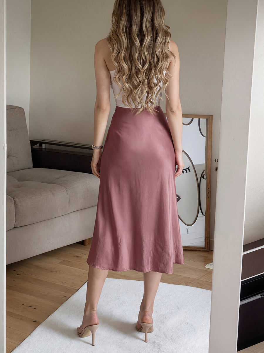 Fashionable City Commute Casual Outing Beach Vacation Home Outerwear Slit Satin-Like Pink Women'S Skirt - Peach