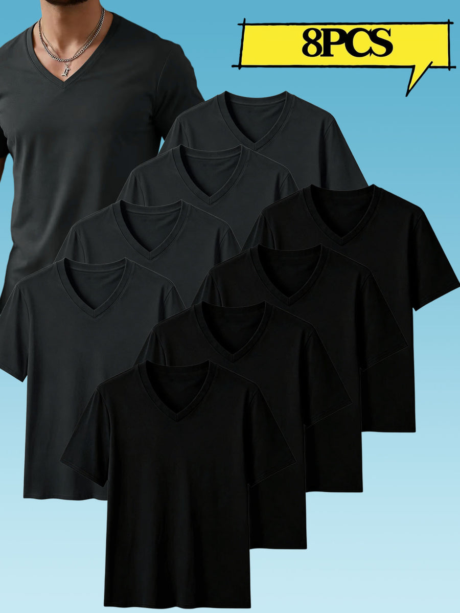 8pcs Men's Casual Knit Ribbed V-Neck T-Shirt / Soft and Comfortable Fabric / Short Sleeve / Solid Color / Crew Neck / Back-to-School Season, Casual Sporty Design Top, Multiple Colors Available, Suitable for Summer Daily Wear - 4 pieces black + 4 pieces dark gray