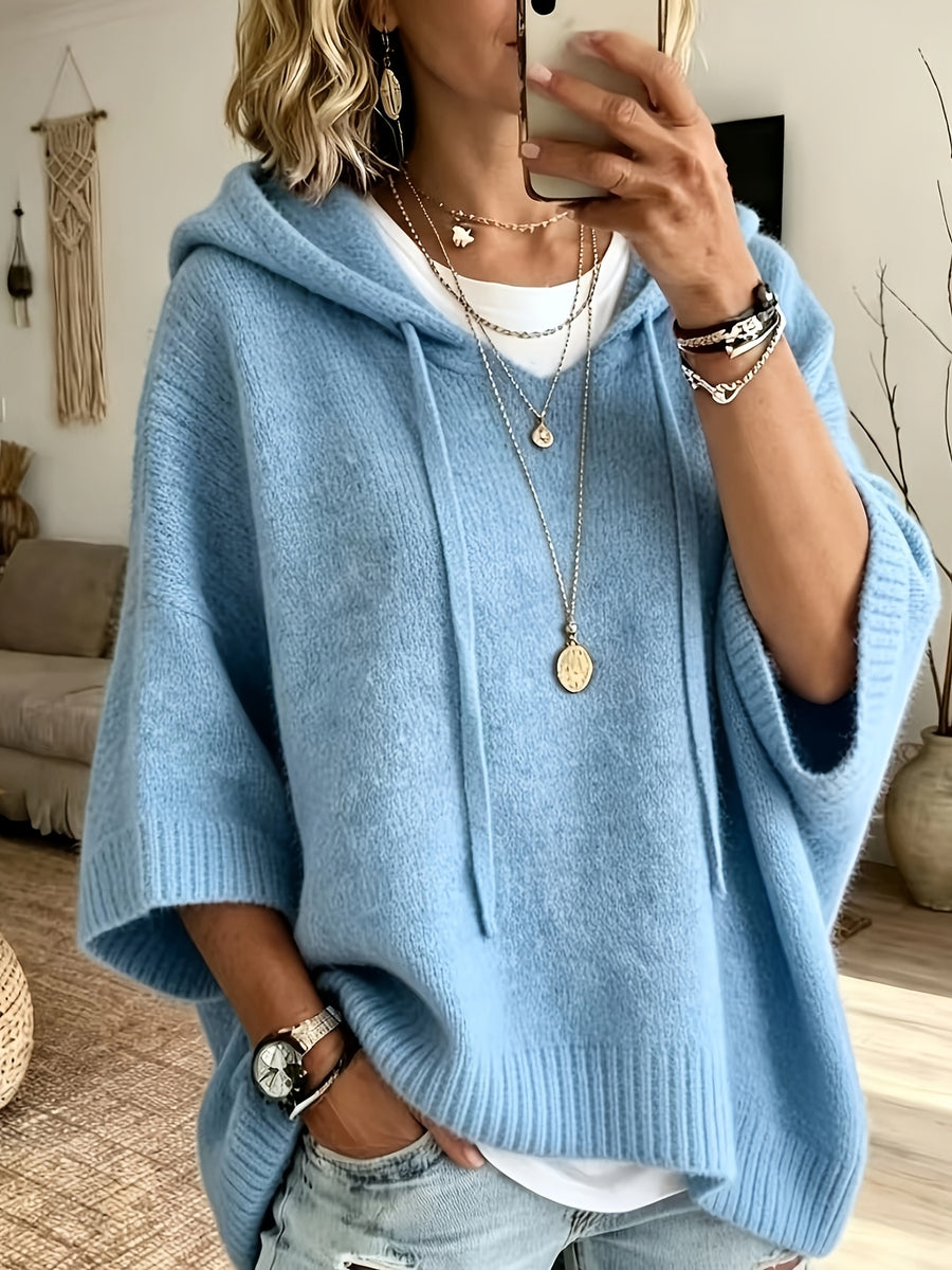 Women's Elegant Casual Three-Quarter Sleeve Drawstring Hooded Sweatshirt - Light Blue