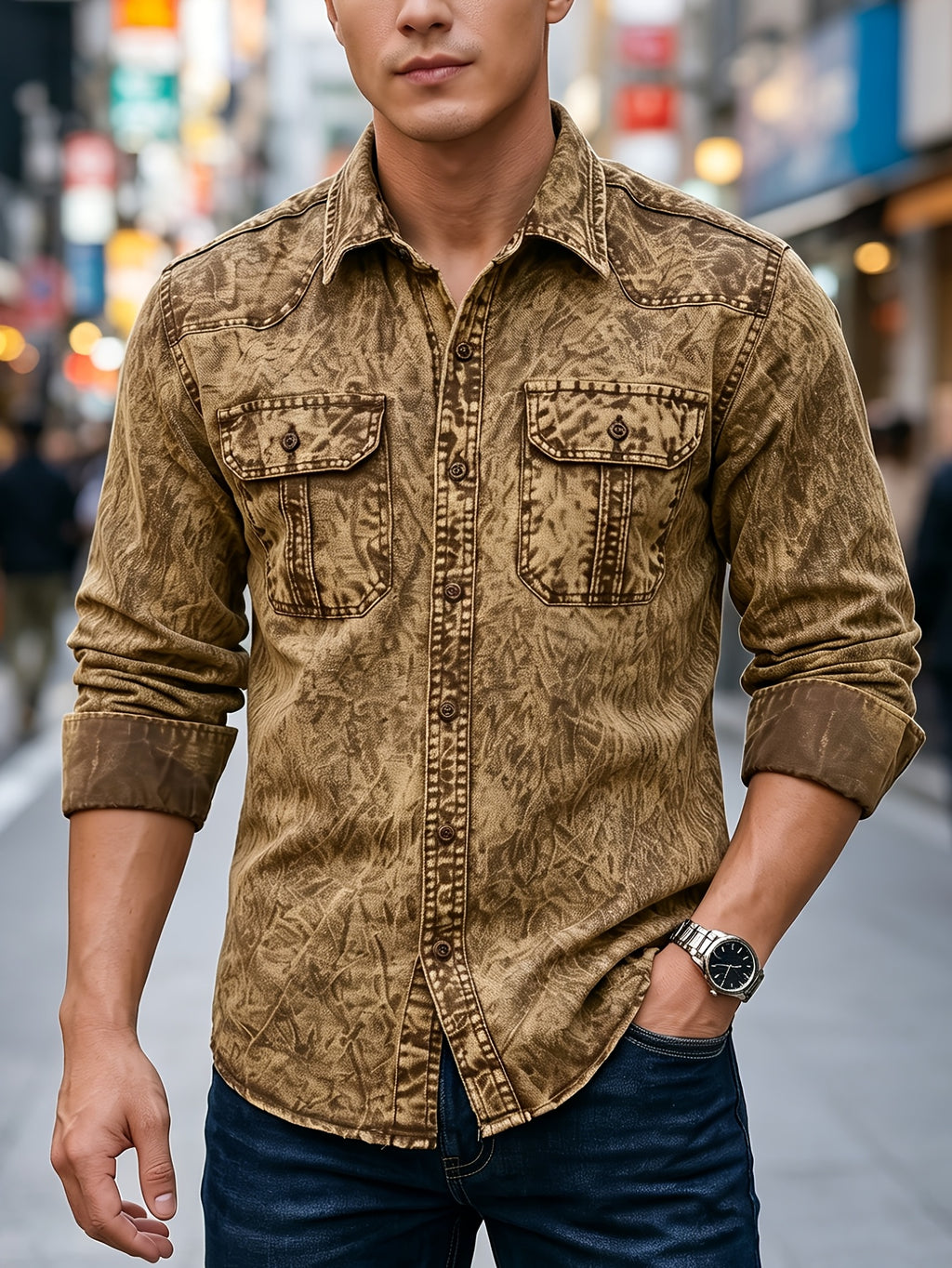 Spring And Autumn Style Men'S Retro Workwear Denim Shirt, Handmade Washed And Aged Tie-Dye Texture Yellow Denim Top, Double Patch Pocket Design, Street Trend Top, Daily Commute Versatile Outerwear Or Inner Layer, Nostalgic Shirt - Yellowish-brown