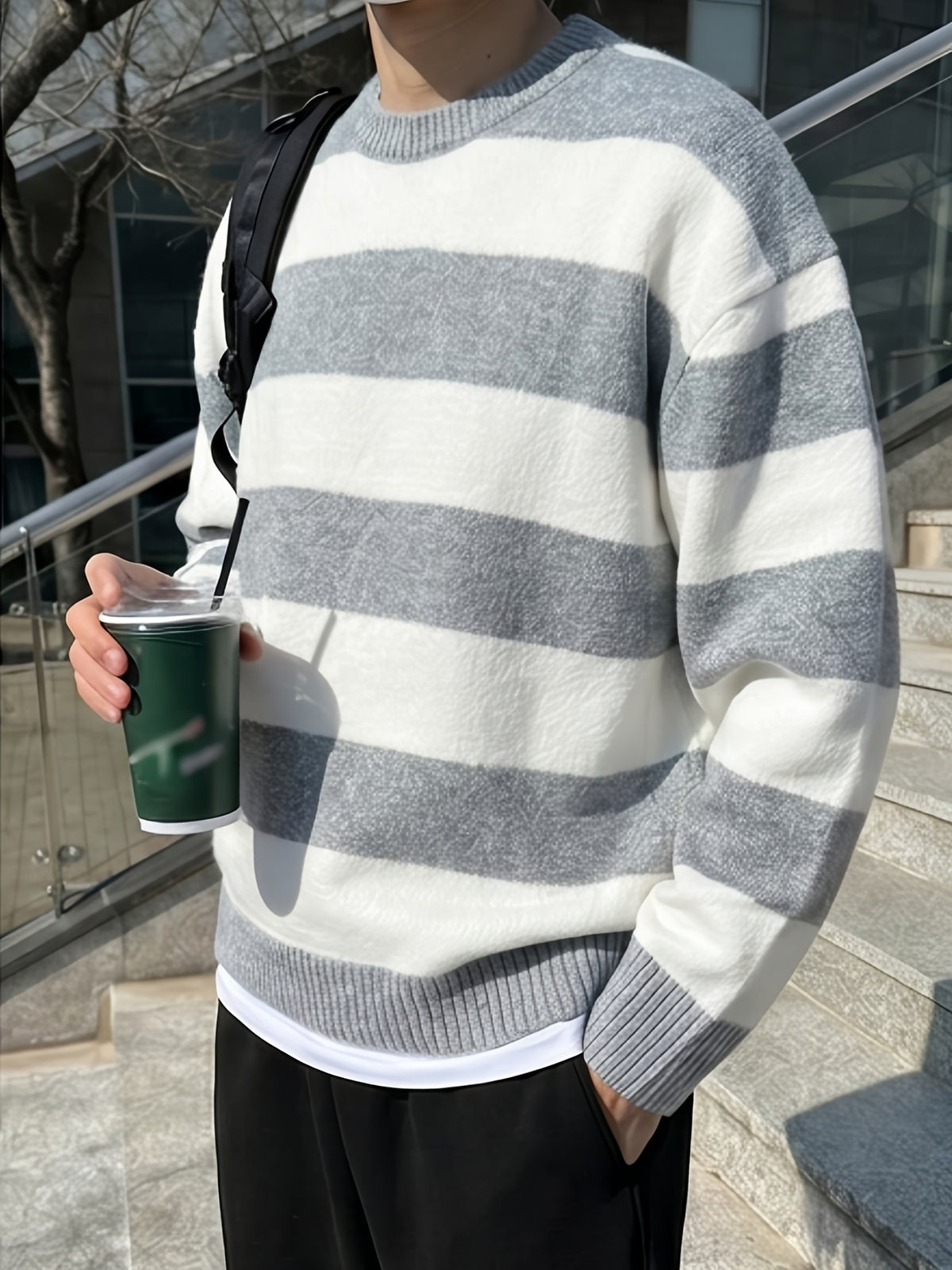 Men'S Classic Striped Round Neck Sweater, Casual Color-Block Long Sleeve Pullover, Loose Soft Warm Top, Retro Knitwear, Suitable for Autumn And Winter - Slate Grey