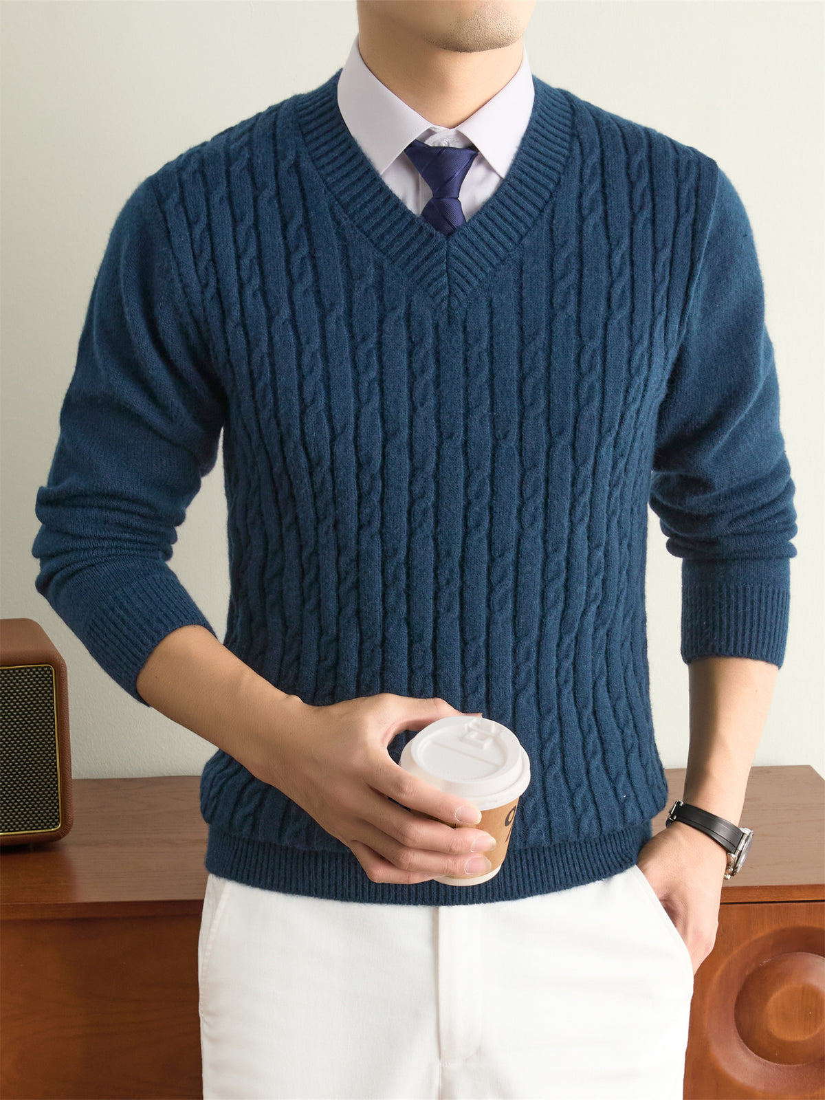 Men's Solid Color V-Neck Sweater - Warm Winter Knit Pullover with V-Neck Collar, Basic Long Sleeve Knitwear Suitable for Fall and Winter, Casual Office Wear, Hand Washable Regular Fit Sweater for Layering - Ha Qing