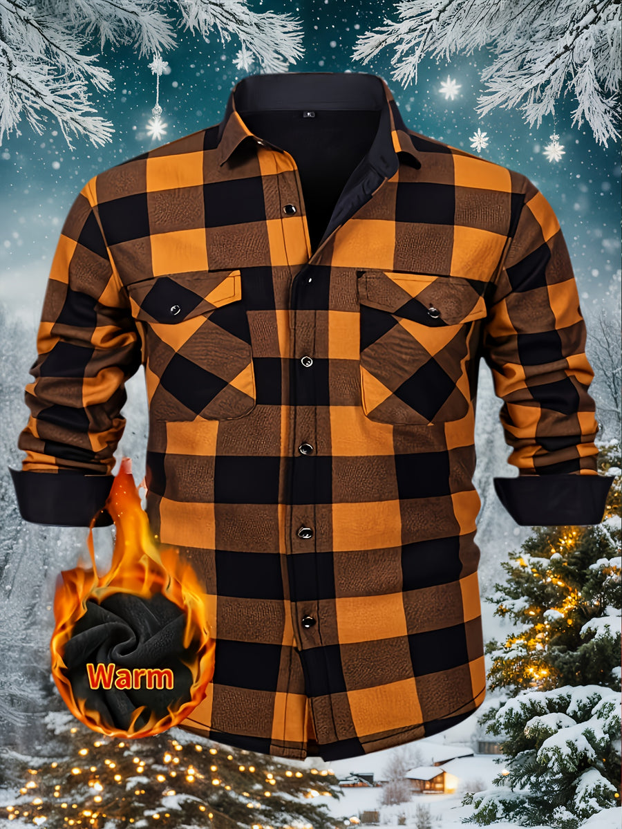 2026 Men's Plaid Shirt - Color Block Design, Brushed Lining, Warm Winter Flannel (Casual & Outdoor) Color Block Lining, Cold Weather Flannel for Outdoor Bold Color Block, Brushed Interior, Urban Style - Yellowish-brown