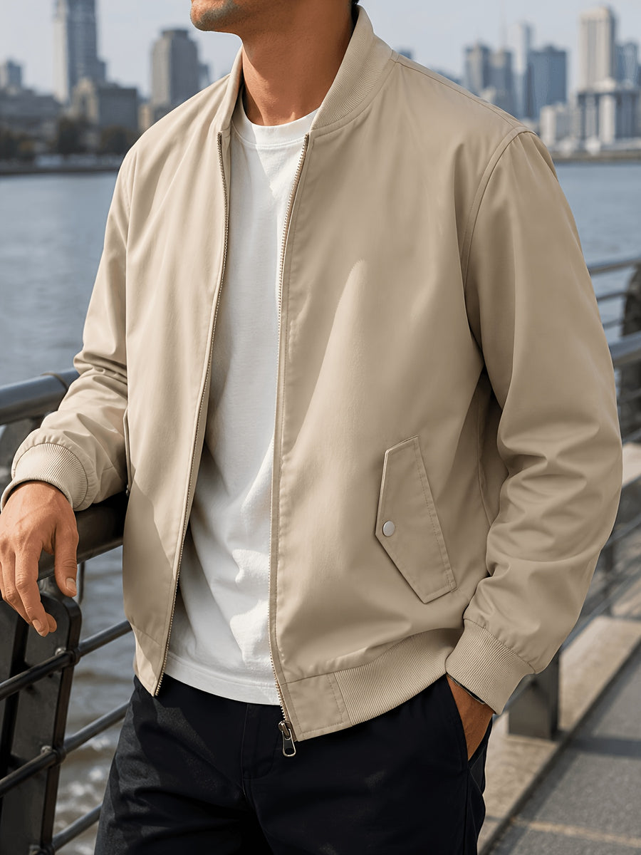 Men'S Casual Stand-Collar Jacket, Spring Autumn New Solid Color Loose Baseball Top, Trendy Easy Zippered Shirt, Everyday Commute City Street Versatile Men'S Clothing - Off-white