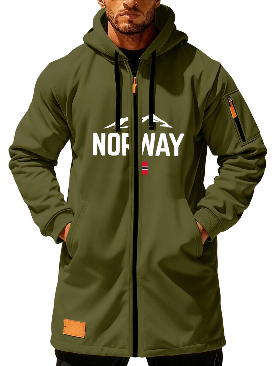 Men'S Long Hooded Trench Coat with Full Zipper, Featuring NORWAY Themed Letters, Mountain And Flag Prints, Side Arm Zip Pockets, And a Leather Label at The Hem - Olive Green