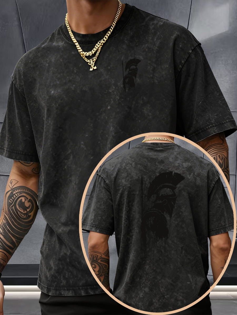 Short Sleeve T-Shirt, 100% Washed Distressed Loose Fit, Front And Back Double Print of Dark Ink Warriors, Casual Street Y2K Hip-Hop Style Couple'S Daily Commute Fitness Outing Statement Top - Black