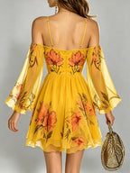 Women's Spring/Summer Casual Elegant Vacation Off-Shoulder V-Neck Printed Flared Sleeve Mini Dress ZLLZ - Yellow