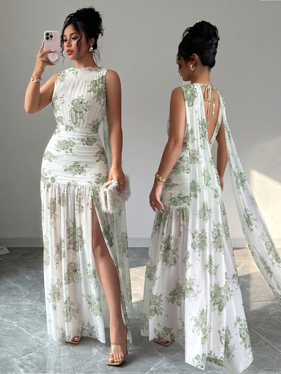Women'S Spring Summer Solid Color Minimalist Sleeveless Long Dress, Elegant And Bold Floral Print Dress, Suitable for Casual Wear And Commuting - Light Green