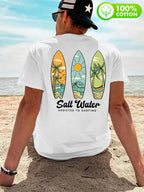 Men'S 100% T-Shirt, "Salt Water" Vintage Surfboard Front And Back Print Design, Casual Trendy Street Sport Short Sleeve T-Shirt Summer New Style, Round Neck Short Sleeve Summer Top, Casual Street Style, Suitable for Summer Daily Outdoor Wear - White