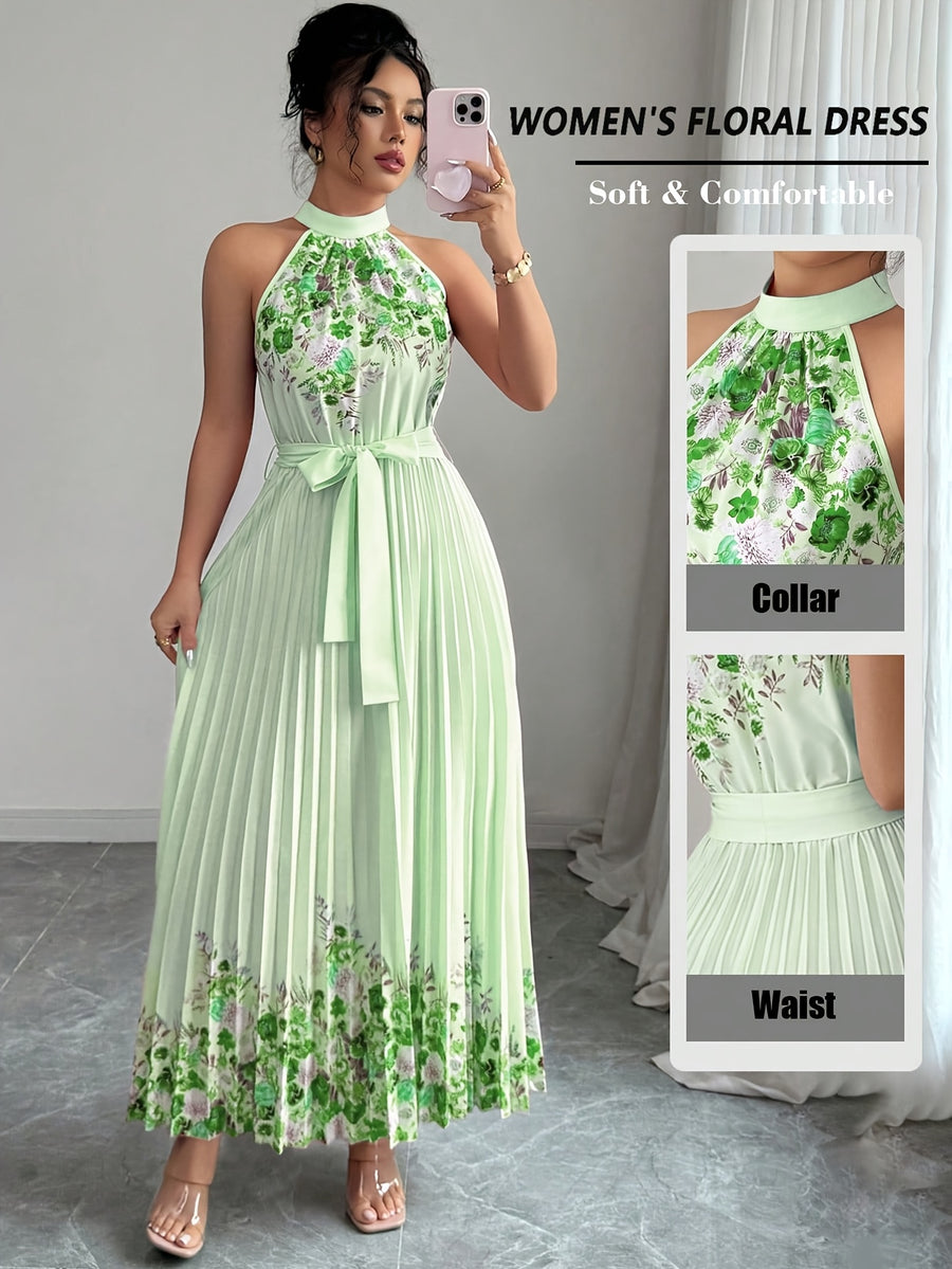 Fashionable New Women'S Summer Halter Floral Print Pleated Dress - Green