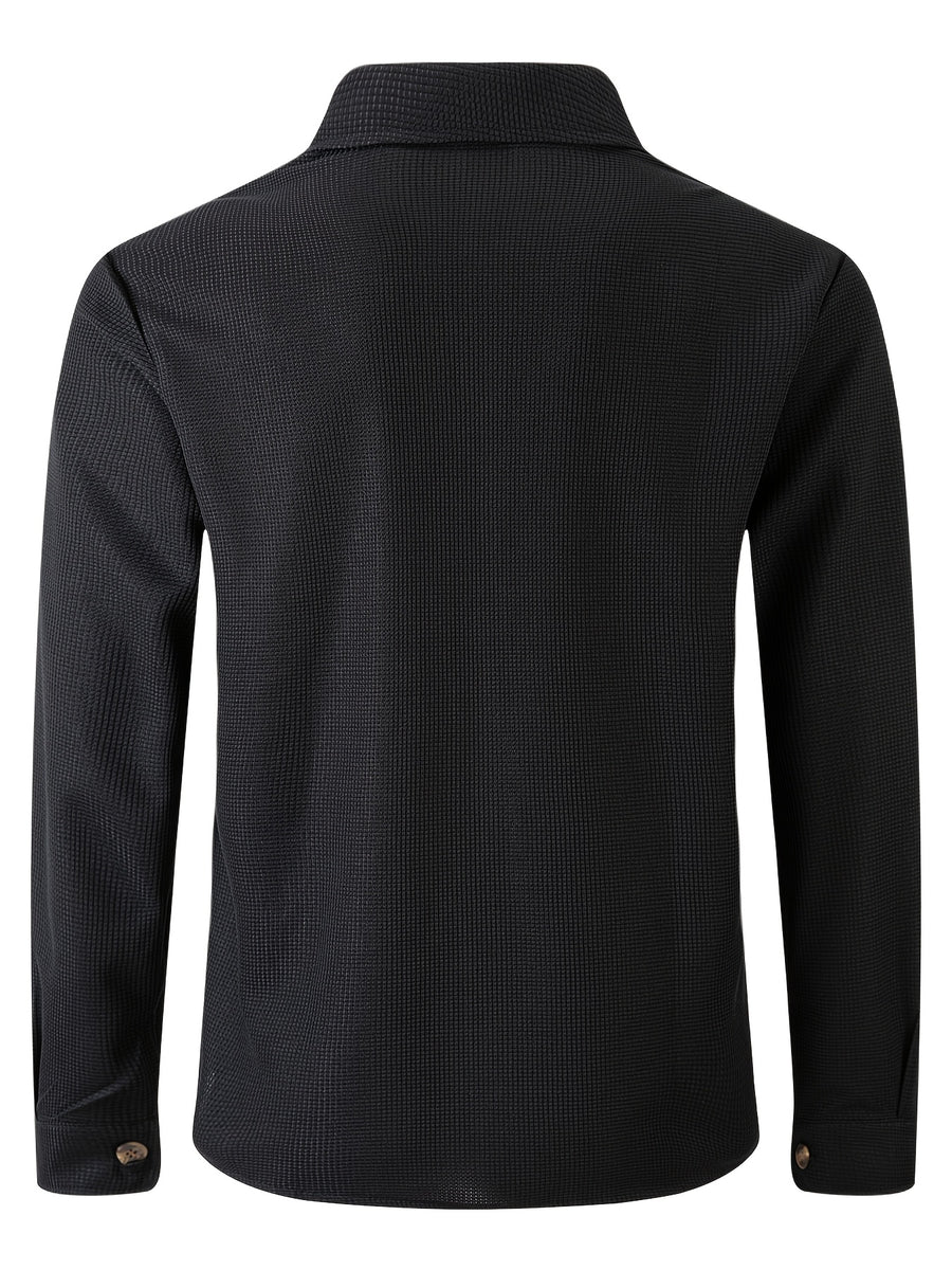 Men'S Waffle Knit Button-Up Shirt for Autumn/Winter, Lapel Pocket Long Sleeve Shirt Jacket, Casual Streetwear Loose Lightweight Casual Shirt Jacket - Black