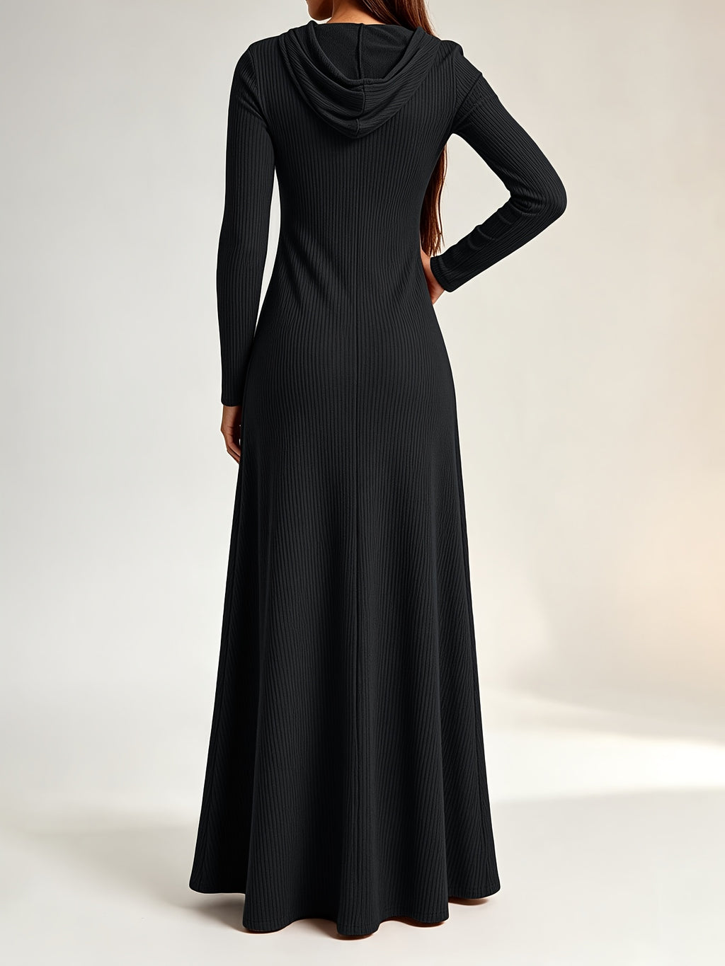Plus Size - Western Plus Size Women'S Ribbed Hooded Long Dress, Half-Open Zipper Long Sleeve Fitted Flared Casual Floor-Length Skirt - Black