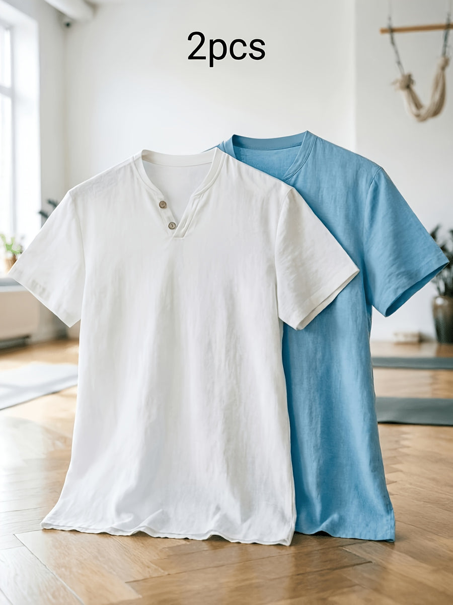 Men's Summer Linen T-Shirts 2pcs, Breathable Soft V-Neck Henley Short Sleeve Shirts, Loose Casual Beach Yoga Tops, Trendy Mens Casual Wear - White+Sky Blue