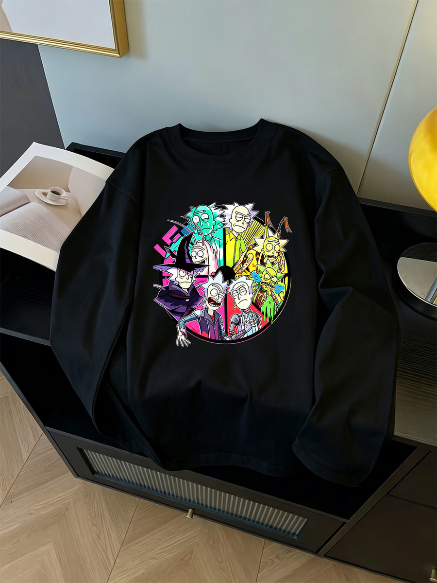 Warner Bros. Official Rick & Morty Graphic Print Men's Breathable Long-Sleeve Sports T-Shirt, 100% Pure Cotton Crew Neck Casual Versatile Base Layer, Suitable for Sports, Workouts, and Daily Outings - Black