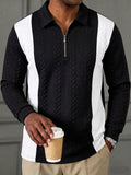 1 Men's Cable Knit Textured Color-Block Half-Zip Long Sleeve Polo Shirt, Color-Block Raglan Striped Patchwork Lapel Half-Zip Pullover Top, Spring/Autumn Regular Lapel Long Sleeve Polo Top, Suitable for Outdoor Leisure, Commuting, Dating - Black and White