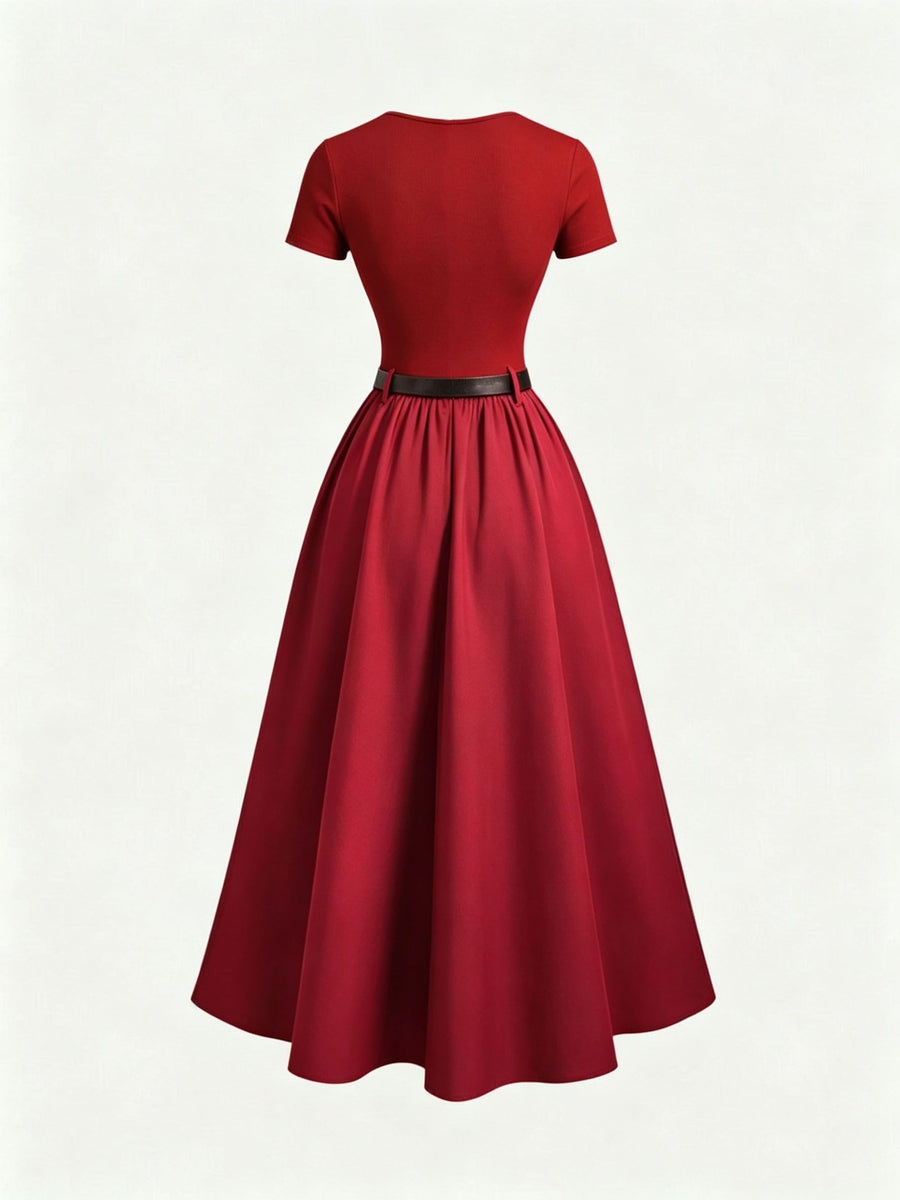Round Neck Short Sleeve Dress with Belt, Temperament And Beauty, Women'S Spring Summer New Women'S Clothing, Most Frequently Purchased Women'S Clothing by Koreans, Casual Elegant Women'S Clothing, Hot Styling, Women'S Dress, Summer Clothing, Summer - Red
