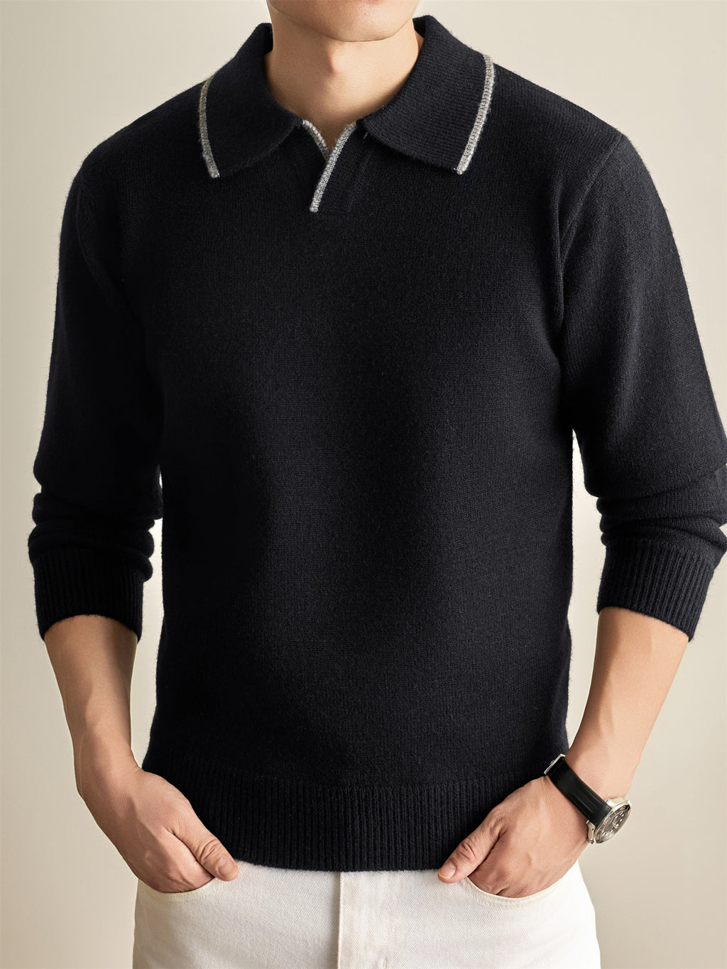 Autumn Winter Knit 3D Solid Color Lapel Polo Sweater, Basic Knit Pullover Top for Men, Fashionable Long Sleeve Sweater, Size S - Black