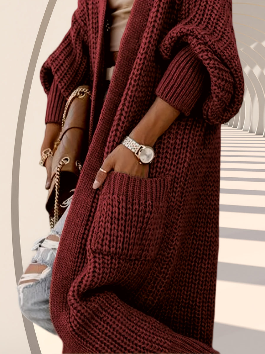 High-quality Fashionable and Simple Women's Cardigan, Pocket Sweater, Autumn/winter Casual Long-length Sweater, Winter Top Coat - Burgundy