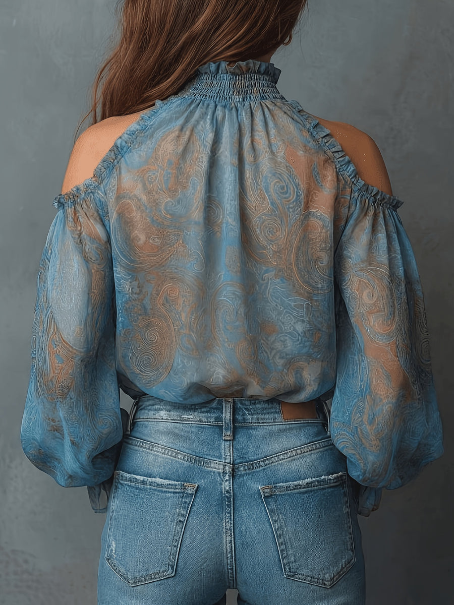 Women's Vintage Off-Shoulder Paisley Pattern Shirt Top - Blue