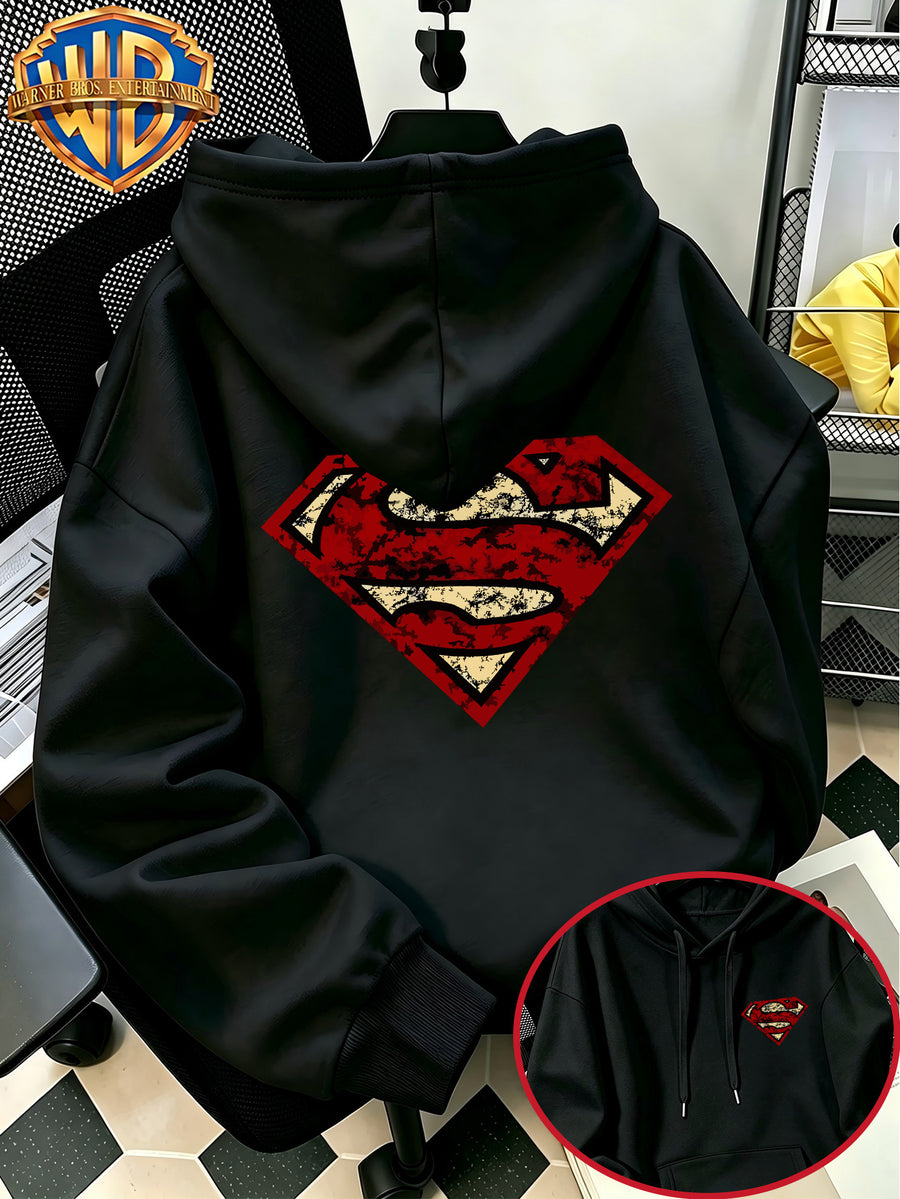 [Warner Bros. Official] Autumn/Winter Streetwear Fashion Men's Drawstring Pocket Hooded Sweatshirt, Vintage Distressed Superman "S" Logo Worn Badge Print Design, Sporty Style Loose Fit Hoodie, for Daily Casual Wear, Men's Trendy Fashion - Black