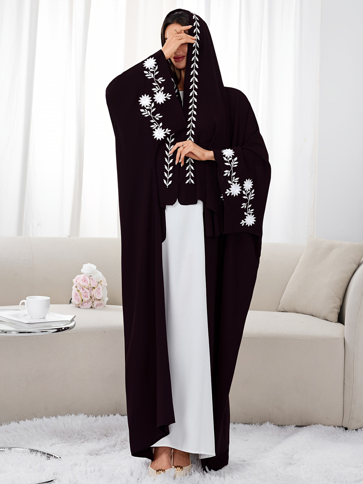 A New Set of Finely Muslim Abaya, Suitable for Any Occasion, Fashionable, Comfortable, Classic, and Versatile (cardigan + Long Scarf) - Black