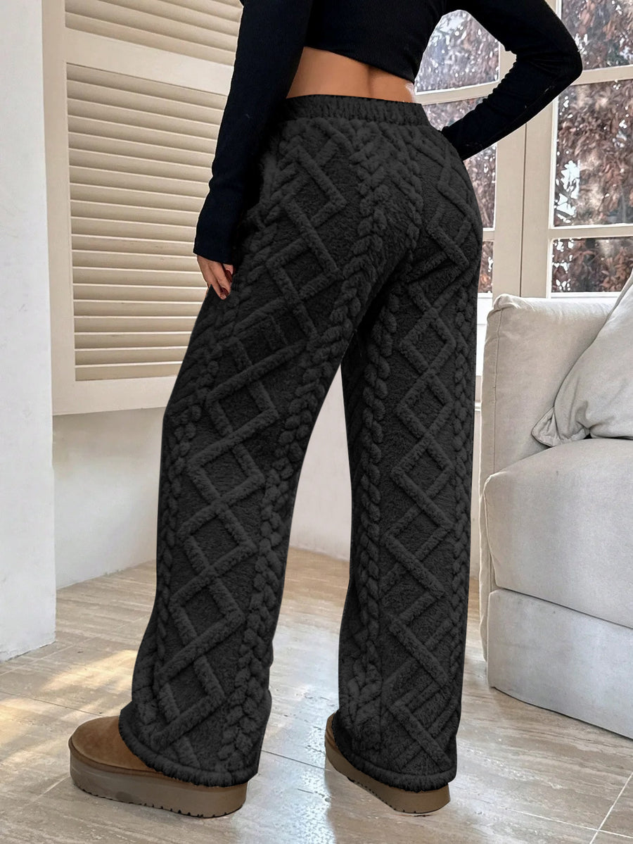 Autumn/Winter Women's -Lined Thickened Warm Casual Pants, Jacquard Fabric, Drawstring Waist, Suitable for Winter Home and Outdoor Leisure Wear - Black