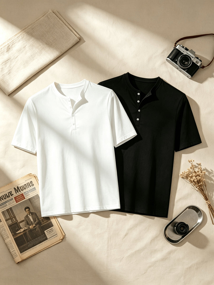 2pcs Summer Refreshing Men's Henley Shirt, Button-Front Placket Design, Skin-Friendly Fabric, Breathable and Non-Stuffy, Simple and Elegant, Multiple Colors Available, Versatile for Daily Commuting and Outings - Mixed Color 1