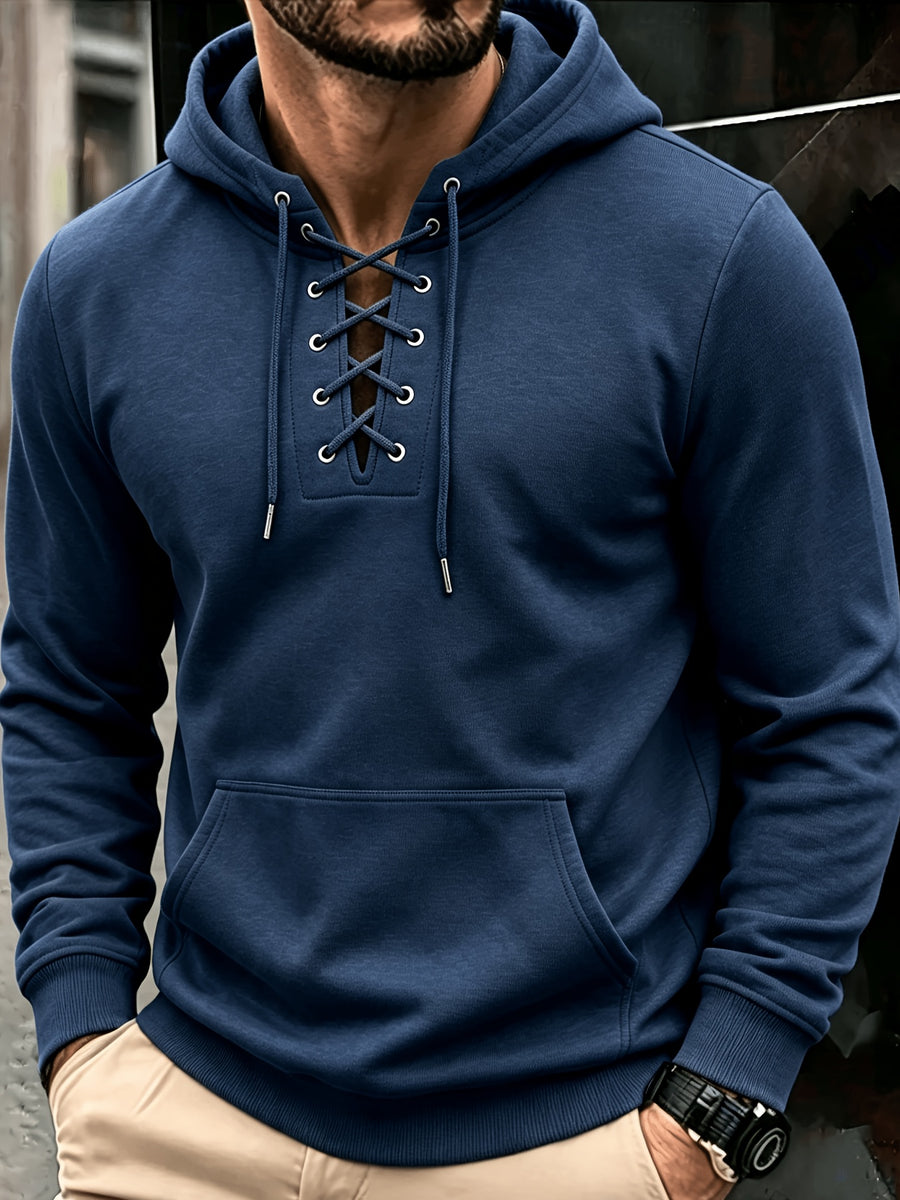 Men's Fashion Trendy Casual Solid Color Hooded Sweatshirt - Navy Color