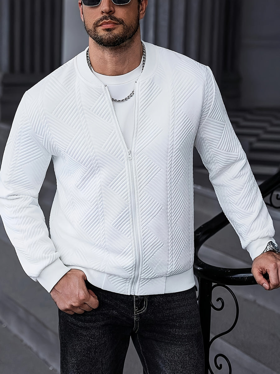 Casual Cool Men'S Casual Zipper Baseball Collar Jacket, White Autumn Street Style, Urban Casual, Solid Color Long Sleeve Top, Retro Style Casual Wear, Outdoor Use - White