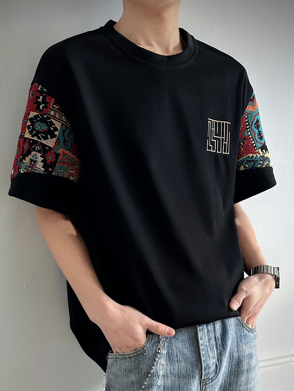 Men's Plus Size Ethnic Print T-Shirt - Crew Neck Short Sleeve Athletic Shirt Suitable for Jogging, Gym & Casual Wear, Breathable Regular Fit for Daily Sports & Outdoor Activities, Machine Washable - Black