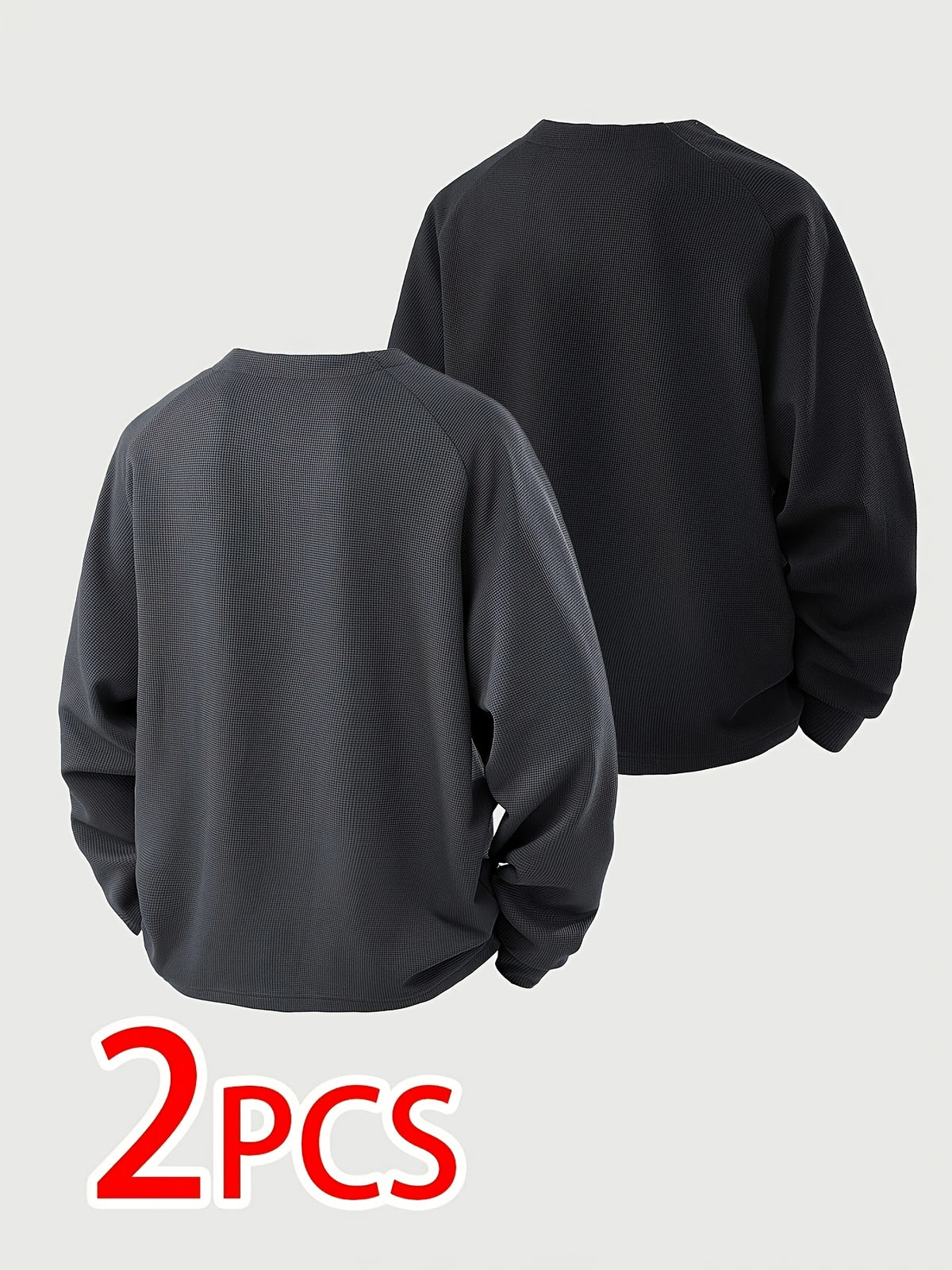2pcs Men's Waffle Knit Sweatshirt, Stylish 2-in-1 Look Design, Men's Long Sleeve Base Layer, Men's Pullover Top, Men's Gift - Grey+Black