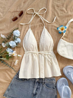 Solid Floral Texture Cute Top - Off-white