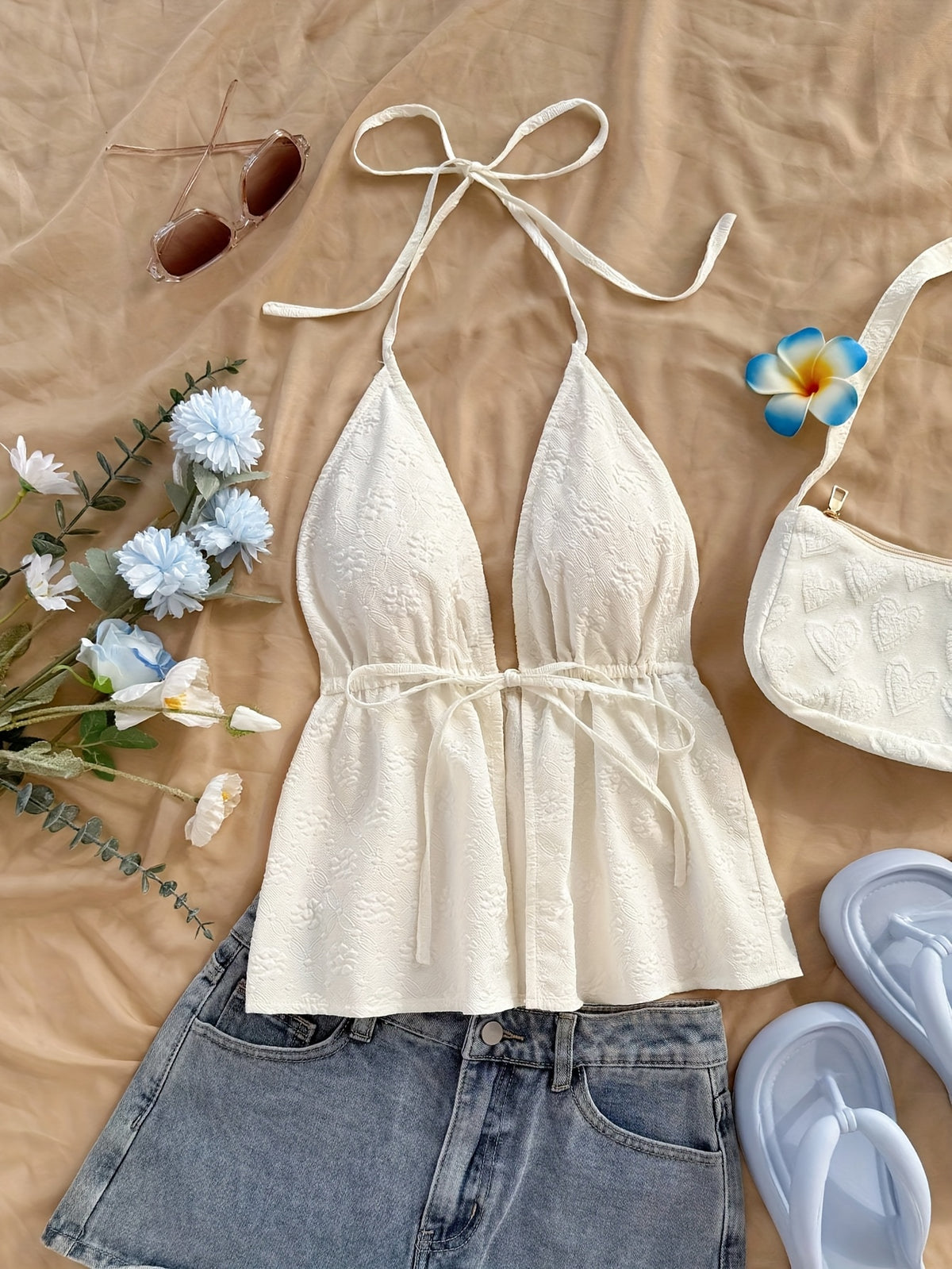 Solid Floral Texture Cute Top - Off-white