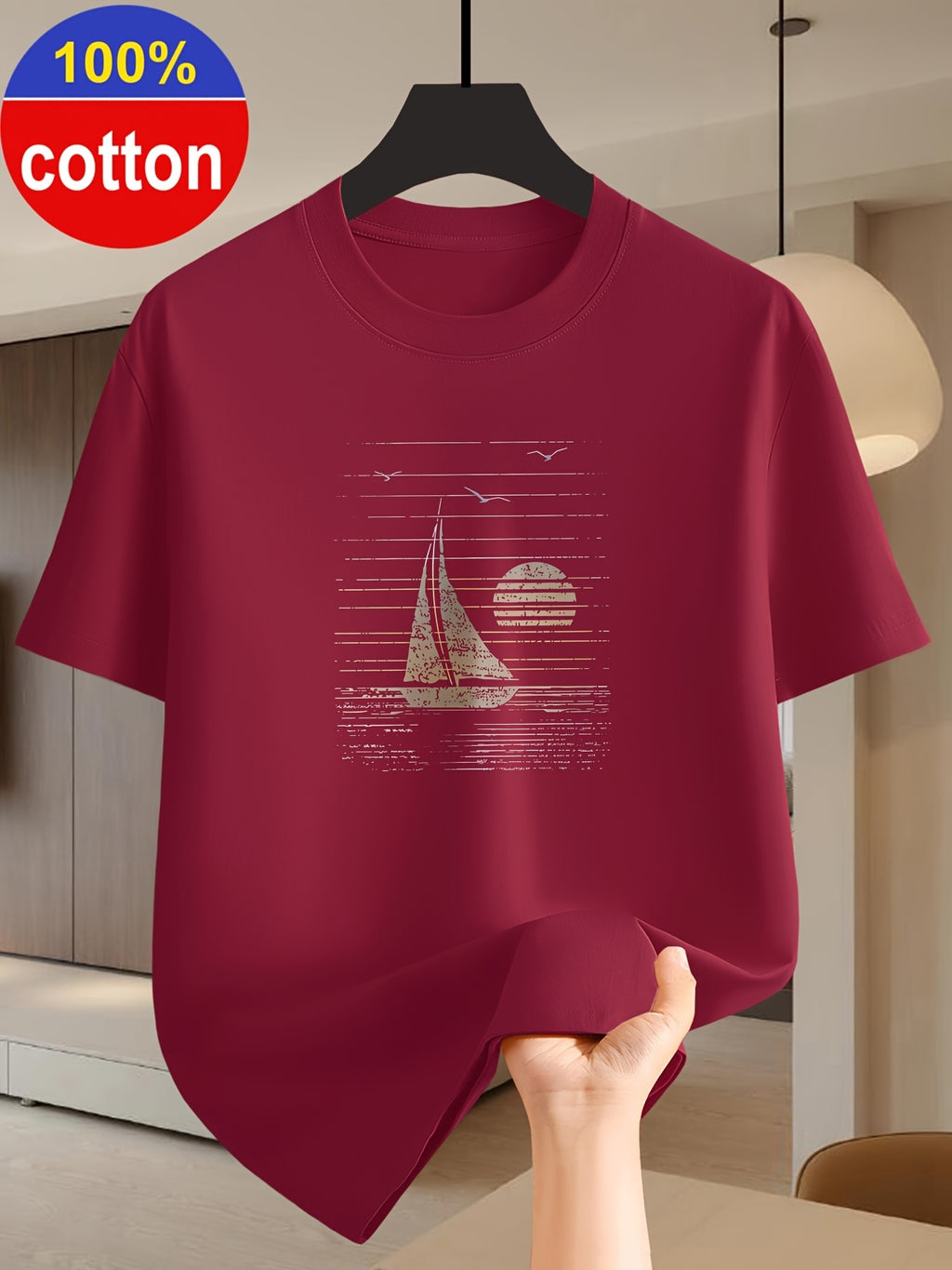 100% Cotton Men's Summer Short-sleeve T-shirt, Fashionable and Simple Patterned Top, Pure Cotton Fabric for Comfort and Breathability, Essential for Outdoor Sports, Leisure, and Travel - Burgundy