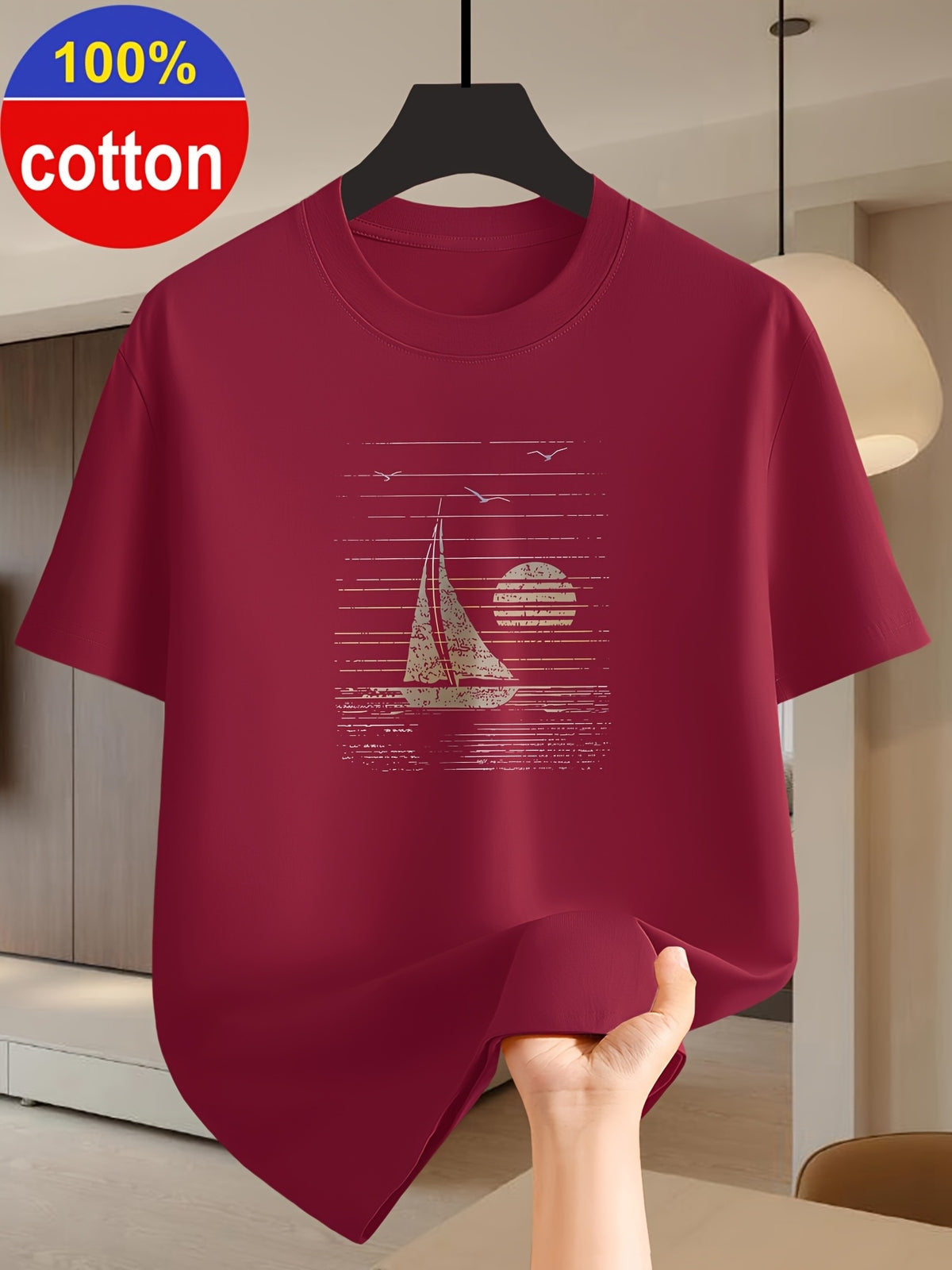 100% Cotton Men's Summer Short-sleeve T-shirt, Fashionable and Simple Patterned Top, Pure Cotton Fabric for Comfort and Breathability, Essential for Outdoor Sports, Leisure, and Travel - Burgundy