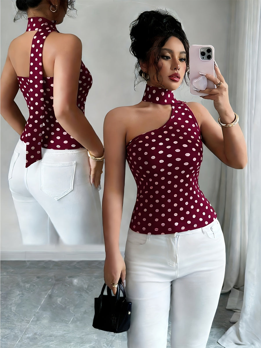 ZJ1031014 Women's Polka Dot Top with Printed Cut-Out Design, Elegant and Slim Fit - Burgundy