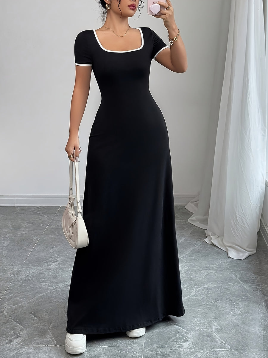 Women'S Square Neck Color Block Dress, Easy And Stylish, Suitable for Summer - Black