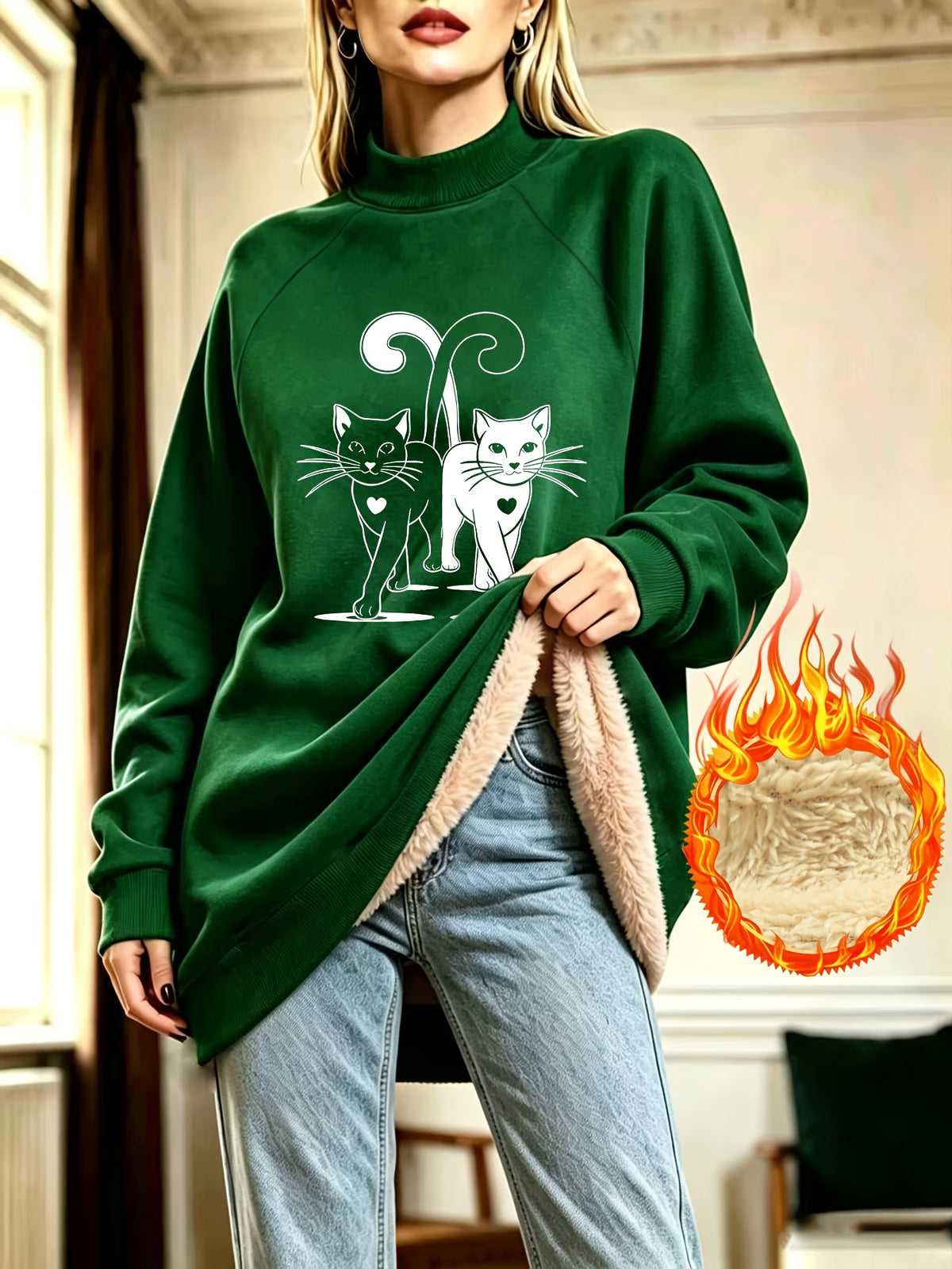 Cute Double Cat Heart Print Half-Turtleneck -Lined Sweatshirt Dress for Women, Autumn/Winter Loose Fit Thickened Midi-Length Top - Green