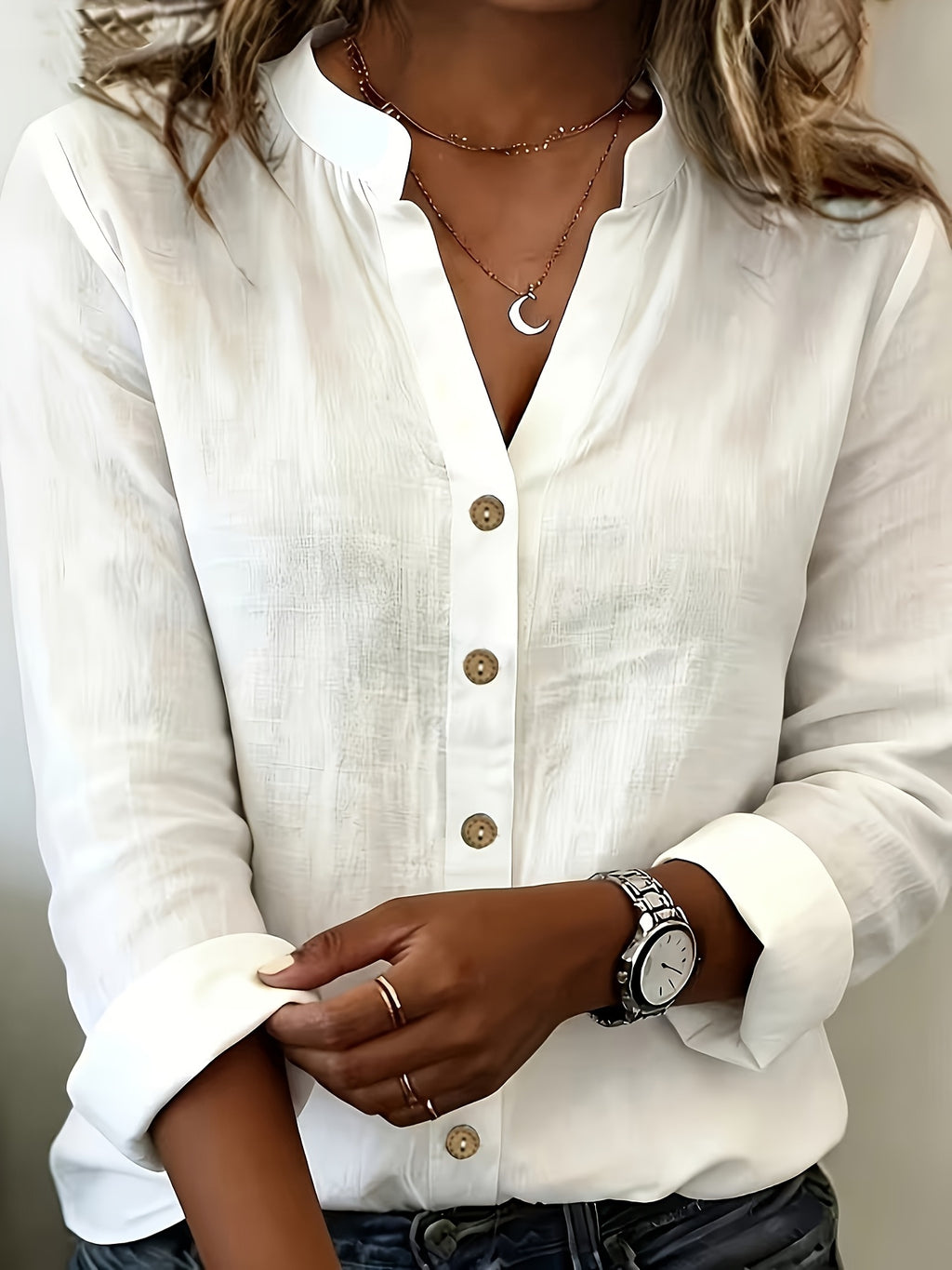 According ToFashionable V-neck Bamboo-joint Style Women's Long-sleeved Shirt - White