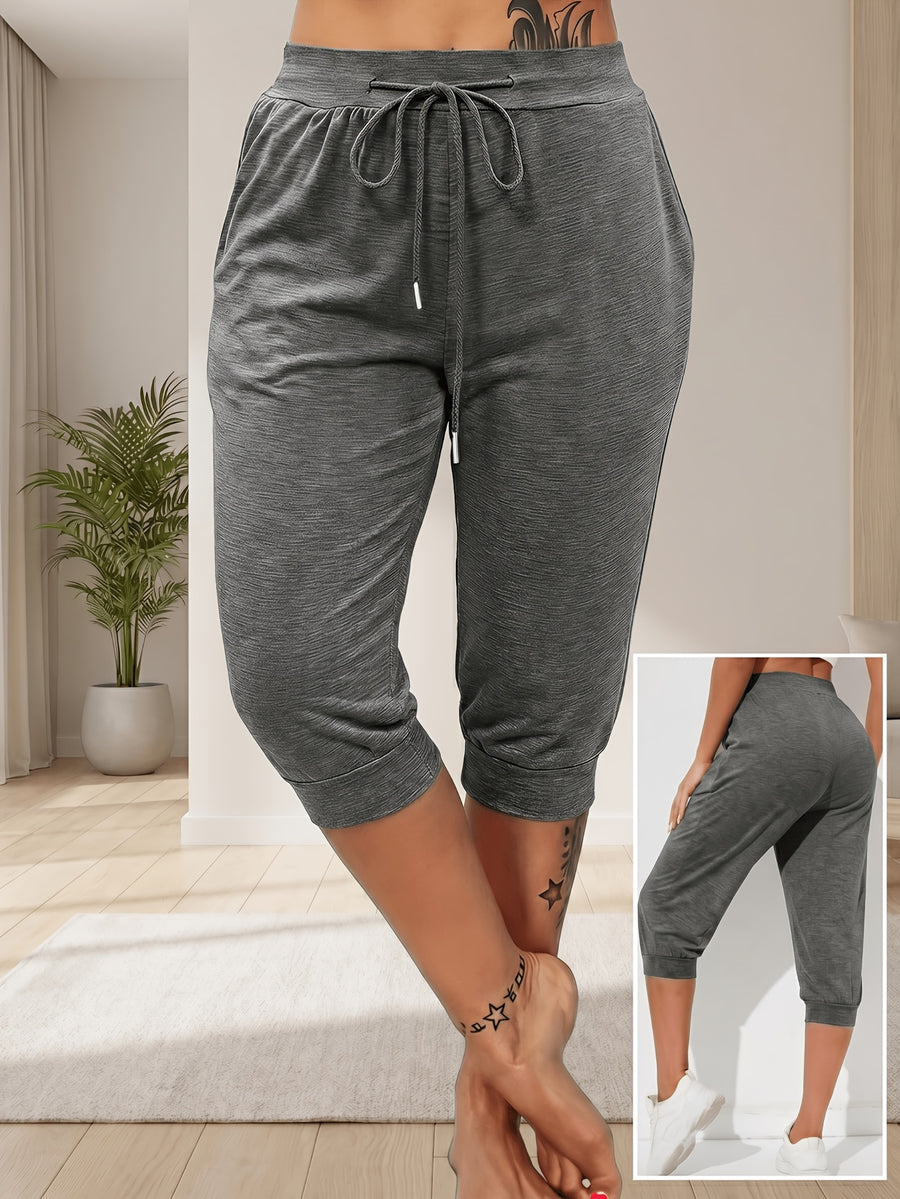 European and American Style High-Waist Cropped Sweatpants for Women, Summer Running Casual Jogger Pants with Pockets, Comfortable and Breathable Versatile Harem Pants for Home Wear - Dark Gray