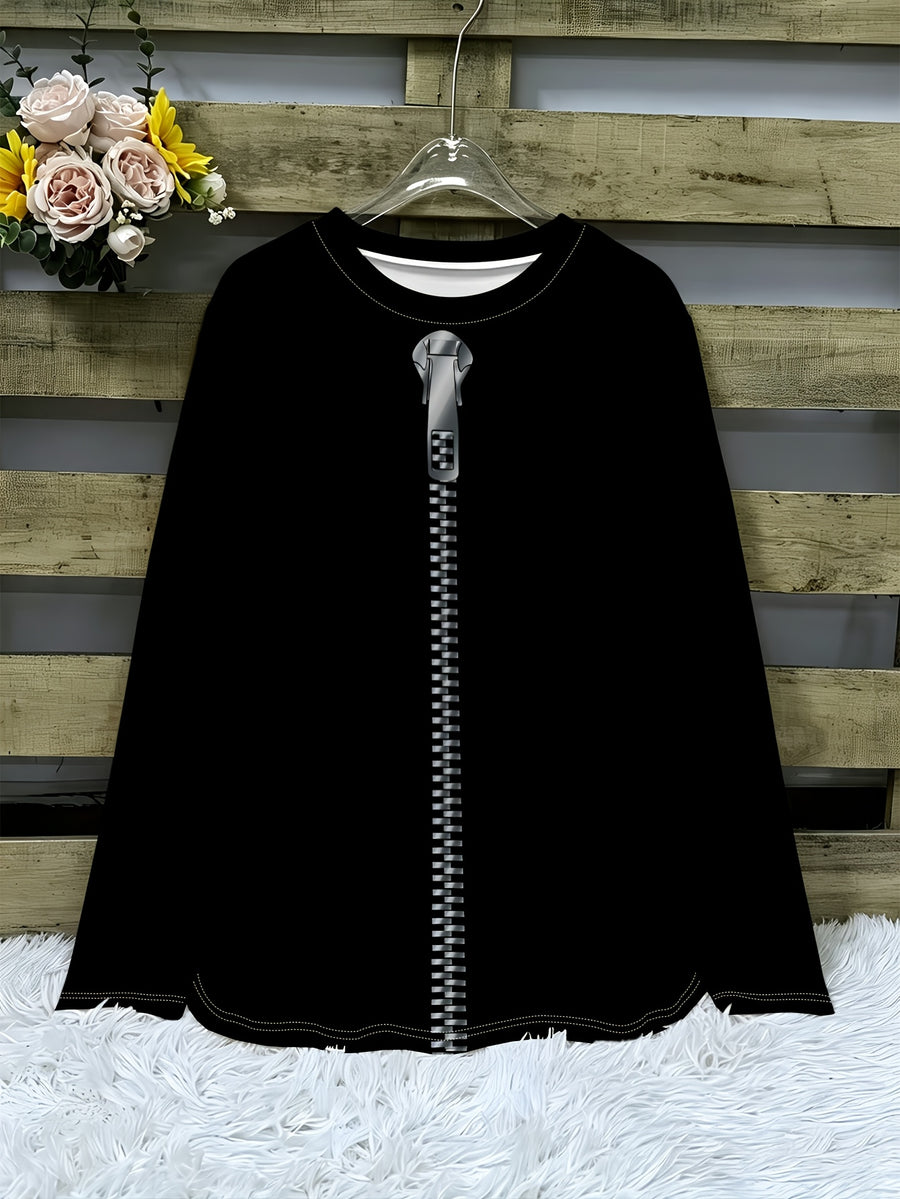 Women's T-shirt, Drop-shoulder Long-sleeve Tee with Side Slits, Featuring a Creative Virtual Large Zipper Print Design. Loose Mid-length Fit with Comfortable, Skin-friendly Fabric That Gently Contours the Body. Suitable for Daily Outings and Casual - Mixed colors