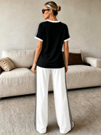 2pcs Set Women's Regular Size Short Sleeve Long Pants Outfit, Color-Blocked Comfortable Soft Casual Sportswear Set with Long Sweatpants and Short Sleeve Top - Black+White