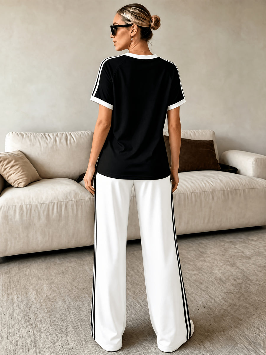 2pcs Set Women's Regular Size Short Sleeve Long Pants Outfit, Color-Blocked Comfortable Soft Casual Sportswear Set with Long Sweatpants and Short Sleeve Top - Black+White