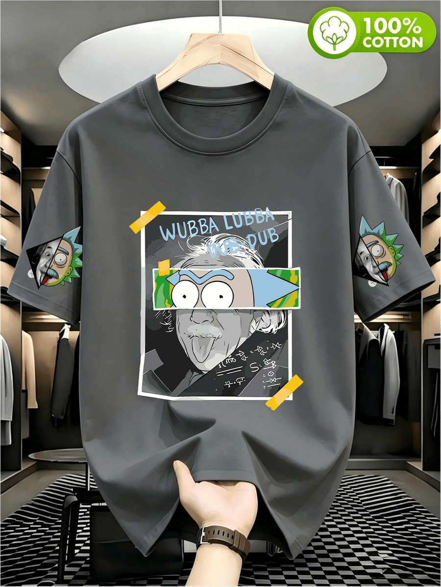 Warner Bros Official Rick Einstein Collage Print T-Shirt, Casual, Comfortable, Versatile, and Loose-Fitting Summer Tee, Suitable for Outdoor and Daily Wear, for Men and Women - Dark Gray