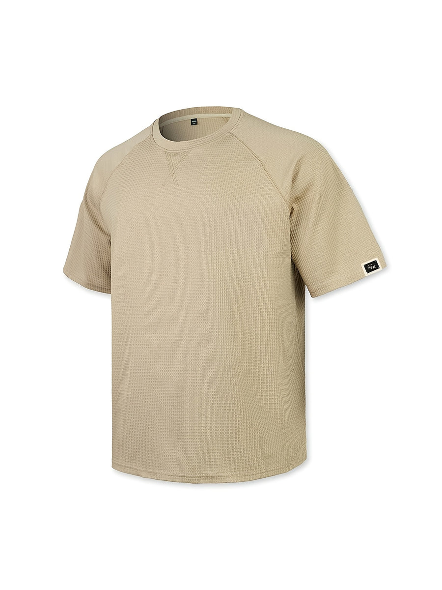 Men'S Waffle Knit Crew Neck T-Shirt, Lightweight And Breathable Short Sleeve Casual Tee with Premium Fashion Handcrafted Labeling. Comfortable Loose-Fit Summer Top Perfect for Daily Wear, Street Style, Vacations, Travel, Outdoor Activities - Khaki