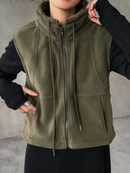 Drawstring Pocket Zipper Casual Vest - Olive Green