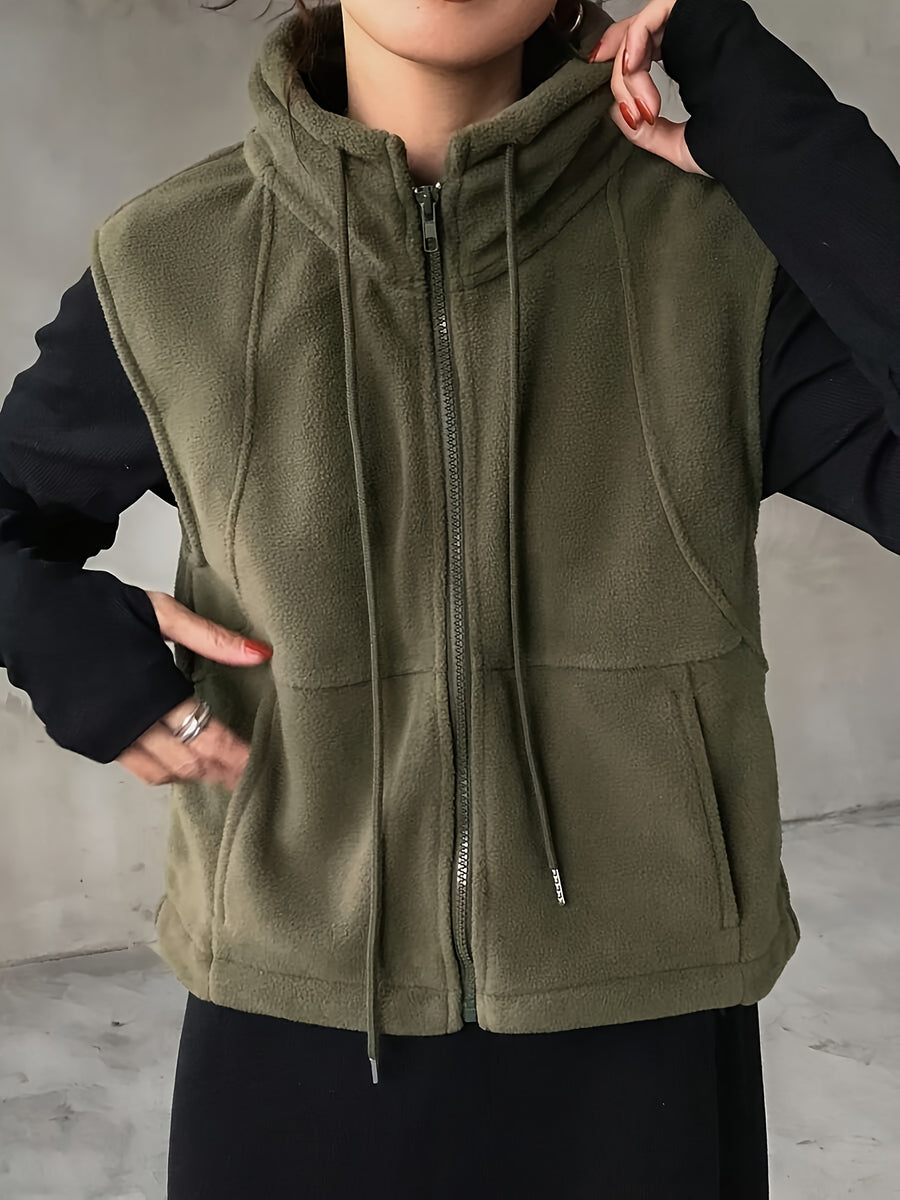Drawstring Pocket Zipper Casual Vest - Olive Green