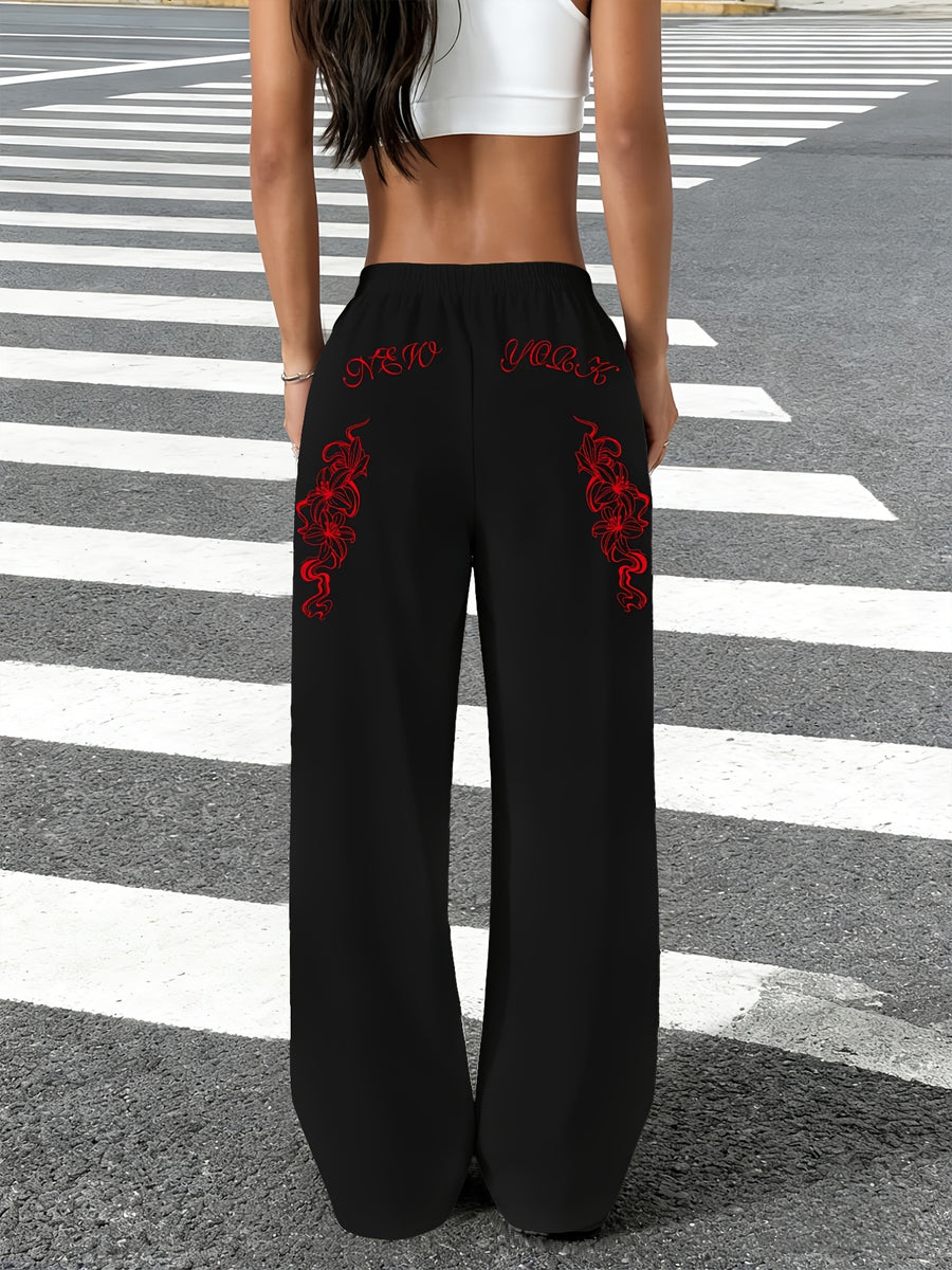 Slant Pocket Joggers Autumn Winter Trendy Brand Letter Print Pattern Straight Leg Trousers American High Street Wide Leg Pants Floor Length Trousers Ins Style Y2K - Black 1